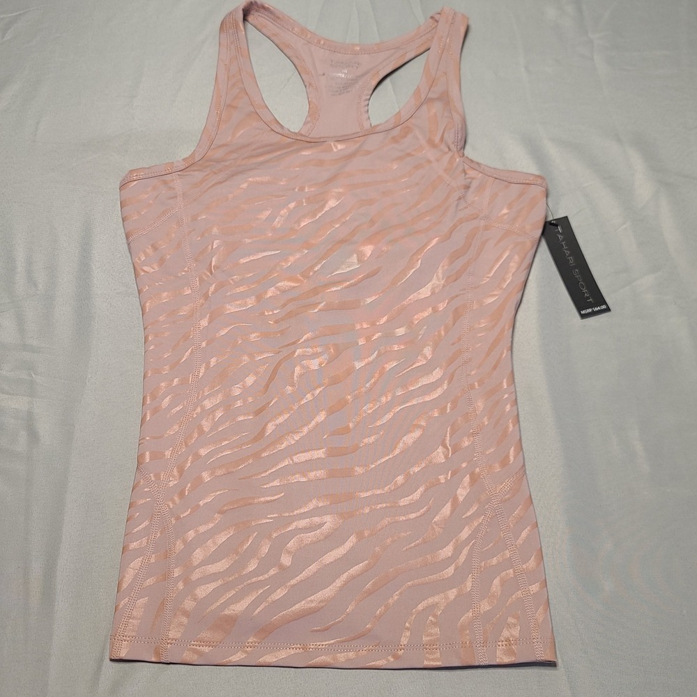 Tahari Sport Tank Top Womens Medium Pink Zebra Shimmer Racerback Athletic NWT